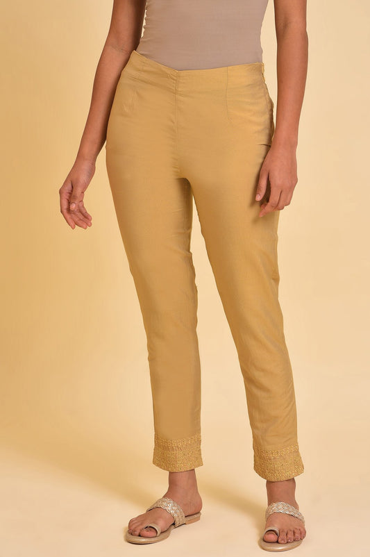 W for Woman Gold Solid Light Festive Plus Size Slim Pants