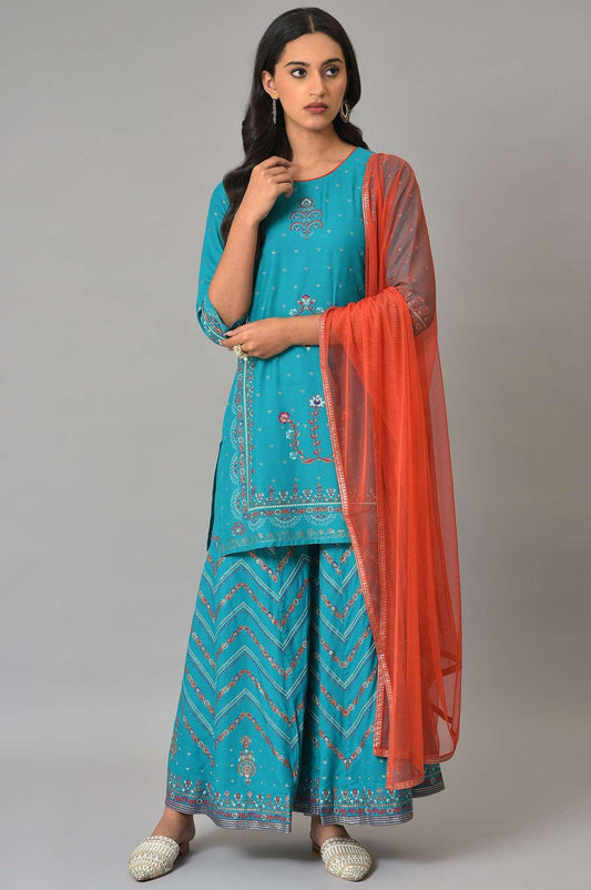W for Woman Teal Blue Festive kurta With Sharara And Orange Mesh Dupatta