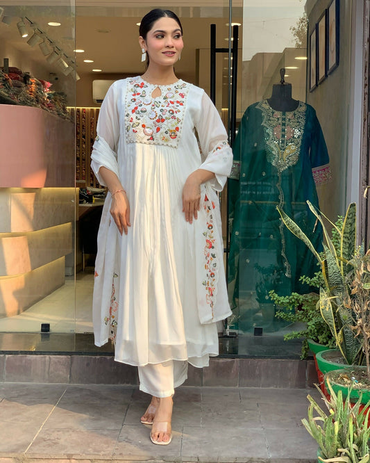 The52 White Women's Gorgeous Embroidered Viscose Chiffon Fabric Pleated Kurta Pant with Dupatta Set | Grab2Buy