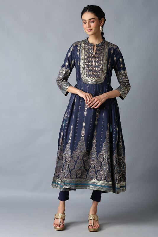 W for Woman Navy Blue Foil Floral Print kurta with Tights