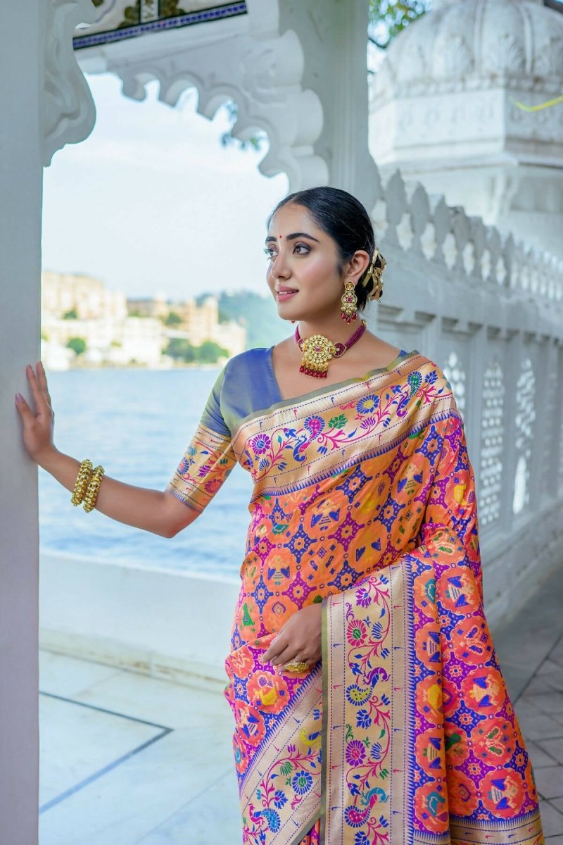 Aastha Fashion Peach Woven Paithani Silk Saree with Blouse - Grab2buy