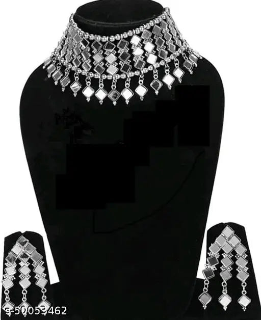 Tehzeeb Creations Women's Silver Colour Oxidised Necklace Set With Mirror Design | Grab2Buy