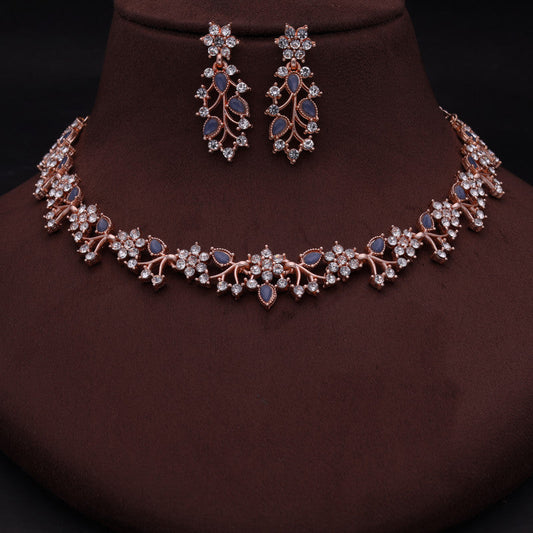 Tehzeeb Creations Rose Gold Pleated White Diamond With Blue Beads Necklace Set | Grab2Buy