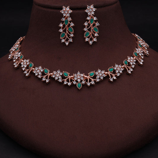 Tehzeeb Creations Rose Gold Pleated White Diamond With Green Beads Necklace Set | Grab2Buy