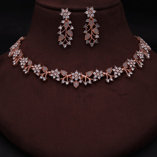 Tehzeeb Creations Rose Gold Pleated White Diamond With Gray Beads Necklace Set | Grab2Buy