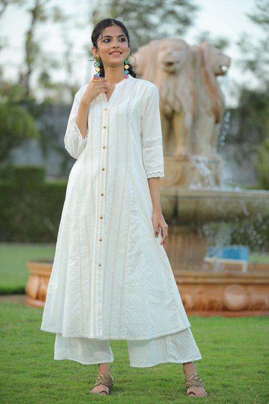 Juniper Womens White Cotton Dobby Kalidar Kurta | Grab2Buy