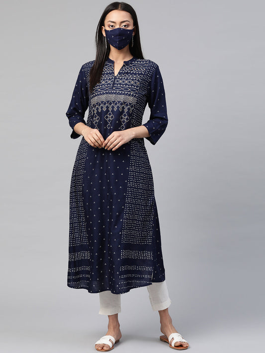 Juniper Womens Indigo Rayon Slub Placement Printed A Line Kurta | Grab2Buy