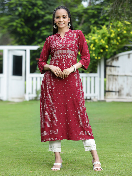 Juniper Womens Maroon Rayon Slub Placement Printed A Line Kurta