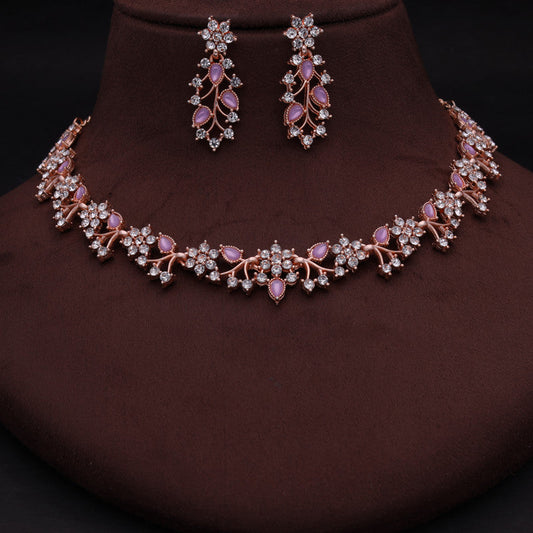 Tehzeeb Creations Rose Gold Pleated White Diamond With Lavender Beads Necklace Set | Grab2Buy