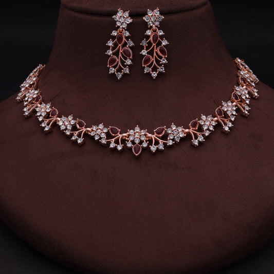 Tehzeeb Creations Rose Gold Pleated White Diamond With Maroon Beads Necklace Set | Grab2Buy