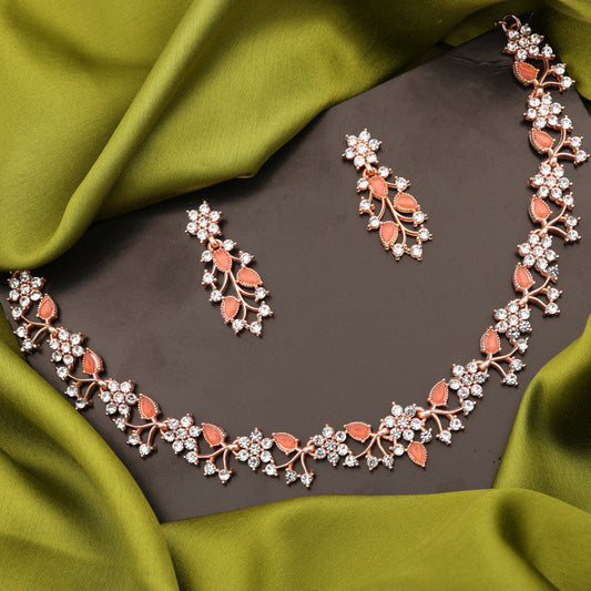 Tehzeeb Creations Rose Gold Pleated White Diamond With Orange Beads Necklace Set | Grab2Buy