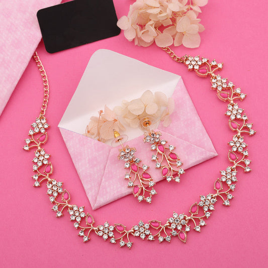 Tehzeeb Creations Rose Gold Pleated White Diamond With Pink Beads Necklace Set | Grab2Buy