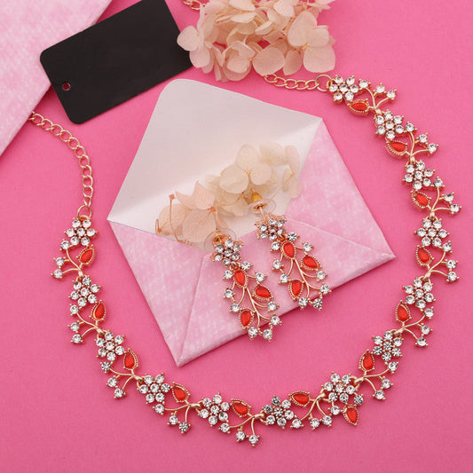 Tehzeeb Creations Rose Gold Pleated White Diamond With Red Beads Necklace Set | Grab2Buy