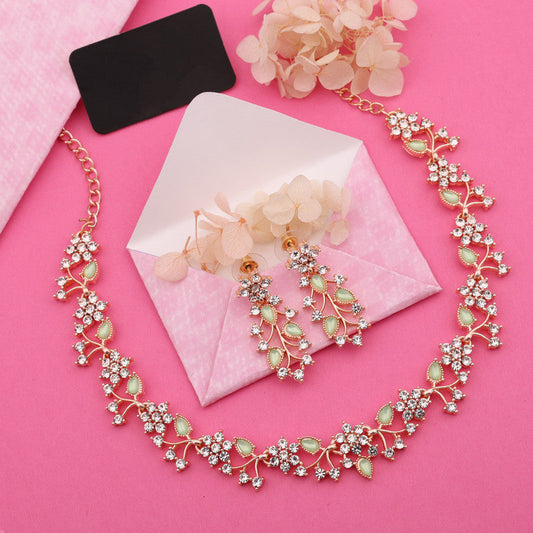 Tehzeeb Creations Rose Gold Pleated White Diamond With Sea Green Beads Necklace Set | Grab2Buy
