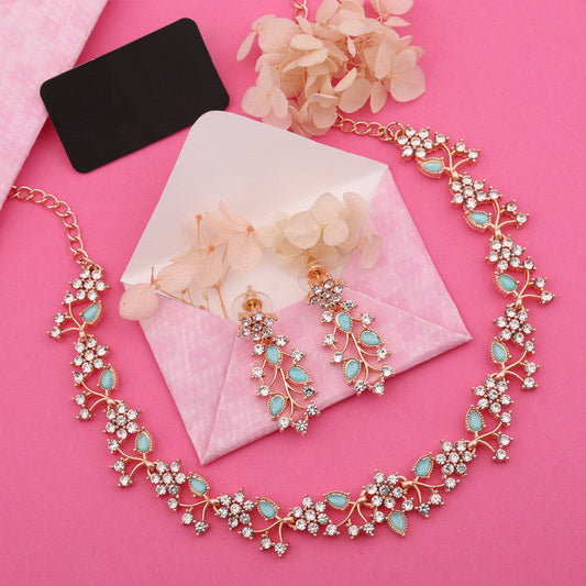 Tehzeeb Creations Rose Gold Pleated White Diamond With Sky Blue Beads Necklace Set | Grab2Buy