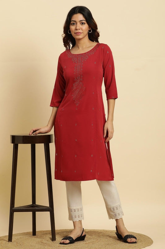 W for Woman Red Mukaish Printed Festive Straight Kurta