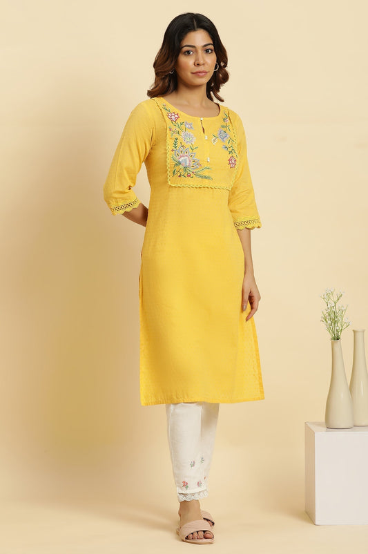 W for Woman Yellow Cotton Swiss Dot Embroidered Kurta
