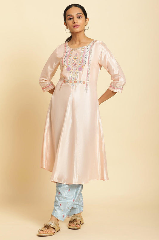 W for Woman Peach Embroidered Flared Kurta