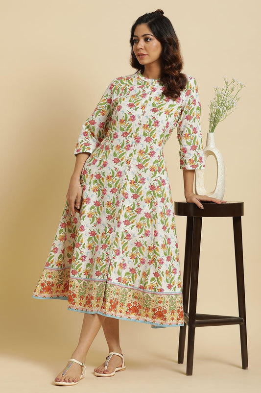 W for Woman White Flared Dress In Multi-Coloured Floral Print Grab2Buy WforWoman Grab2Buy