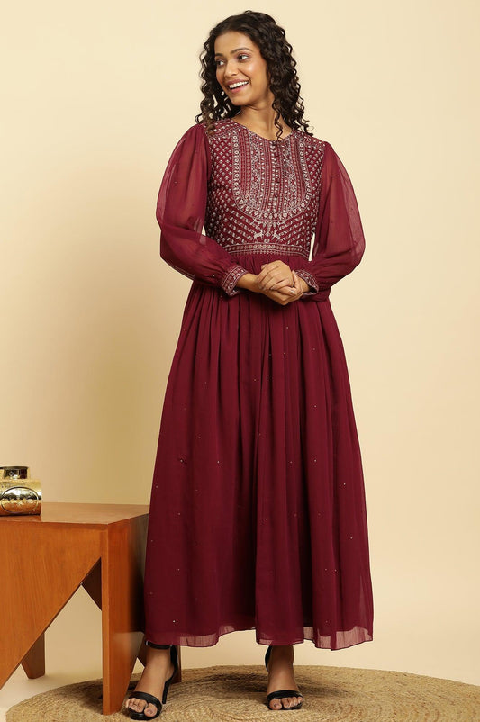 W for Woman Wine Heavily Embroidered Festive Dress Grab2Buy WforWoman Grab2Buy