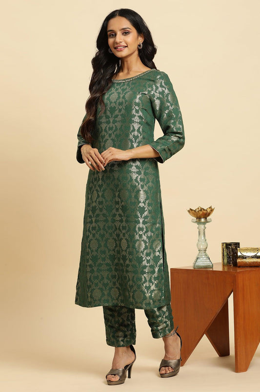 W for Woman Green Rayon Jacquard Festive Kurta