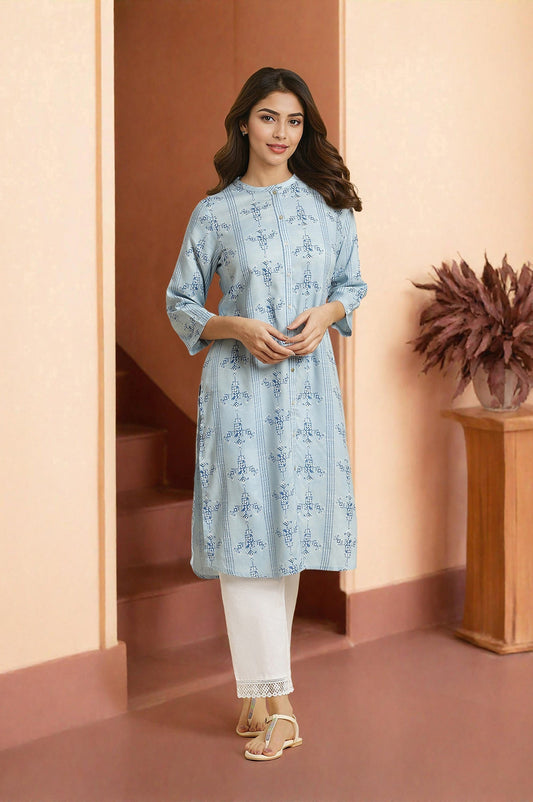 W for Woman Blue Geometric Printed Shirt Kurta