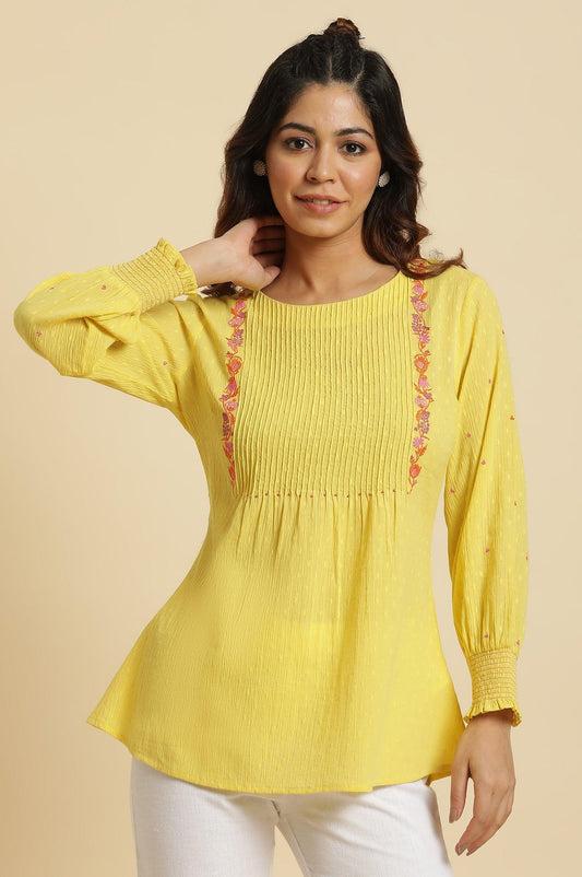 W for Woman Yellow Embroidered Pintuck Top