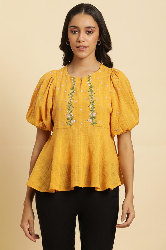 W for Woman Yellow Peplum Top With Embroidered Yoke Grab2Buy WforWoman Grab2Buy