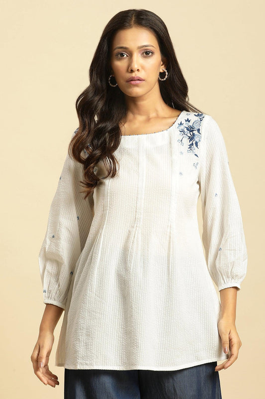 W for Woman White Front Pleated Cotton Top with Embroidery Grab2Buy WforWoman Grab2Buy
