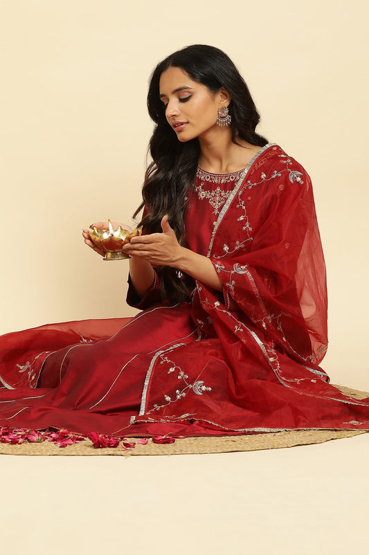 W for Woman Dark Red Zari Embroidered Festive Kurta, Pant And Dupatta Set