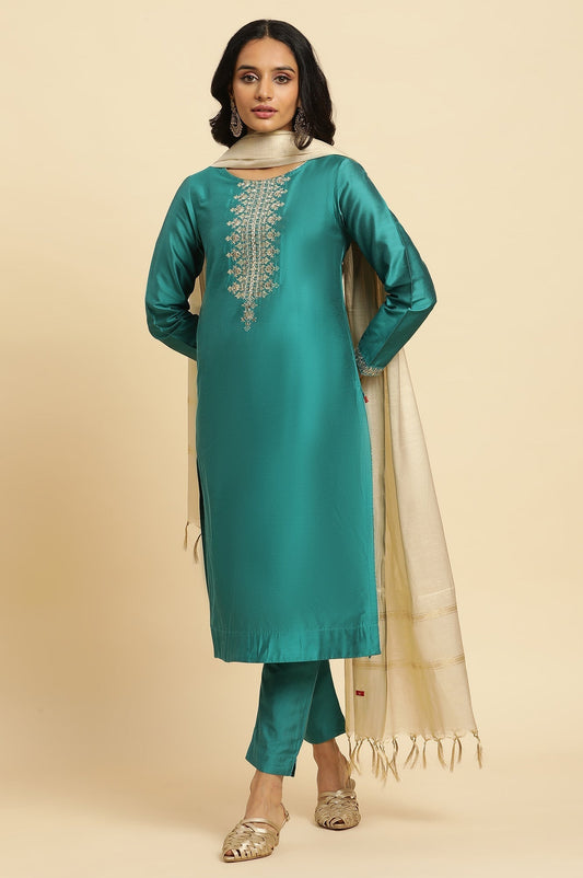 W for Woman Teal Blue Zari Embroidered Straight Kurta, Pant And Dupatta Set