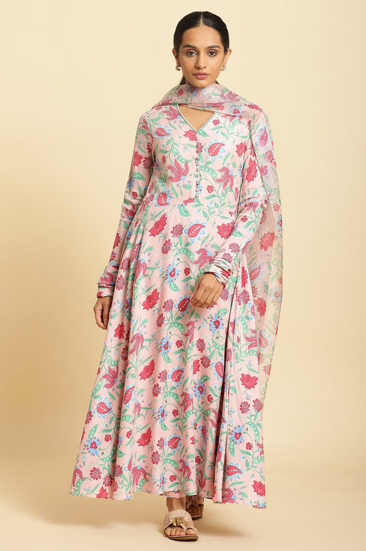 W for Woman Flamingo Pink Floral Printed Anarkali Kurta, Pants And Dupatta Set