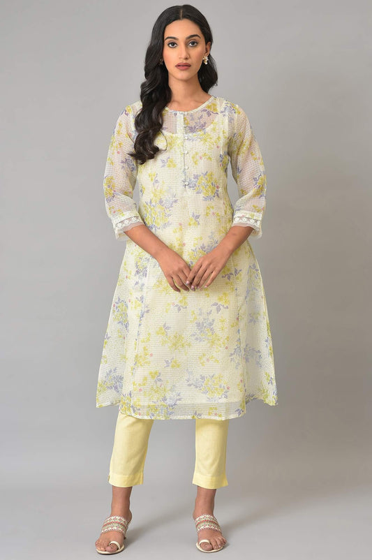W for Woman Plus Size Ecru Floral Printed Kota Jacket With Sleeveless Inner kurta