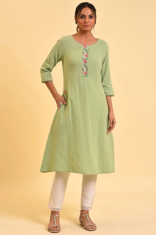 W for Woman Green Embroidered Cotton Summer kurta