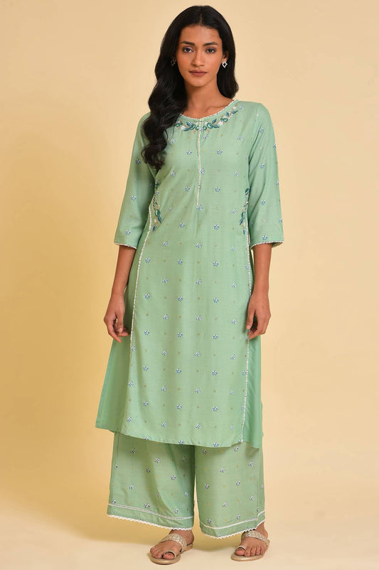 W for Woman Green Embroidered Straight Kurta