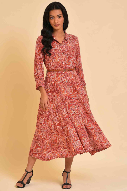 W for Woman Red Paisley Print Long Shirt Dress