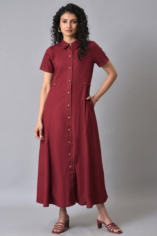 W for Woman Maroon Cotton Plus Size Shirt Dress