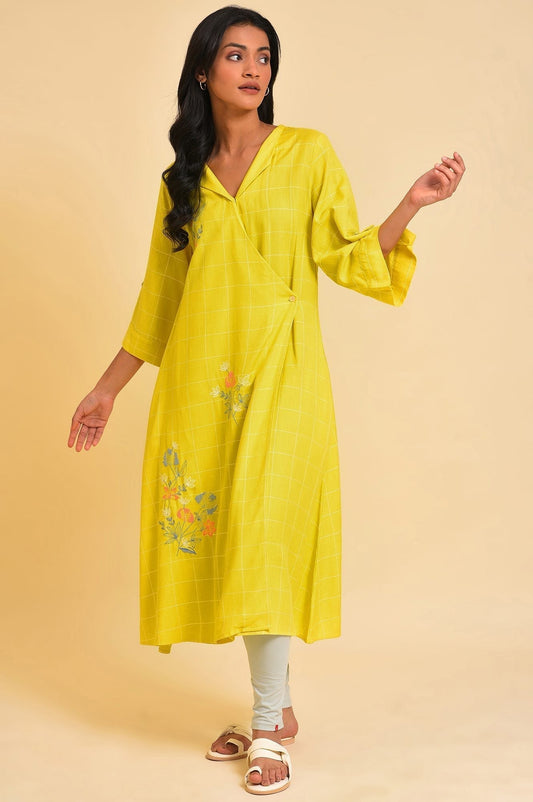 W for Woman Yellow Embroidered Checker Wrap Dress Grab2Buy WforWoman Grab2Buy