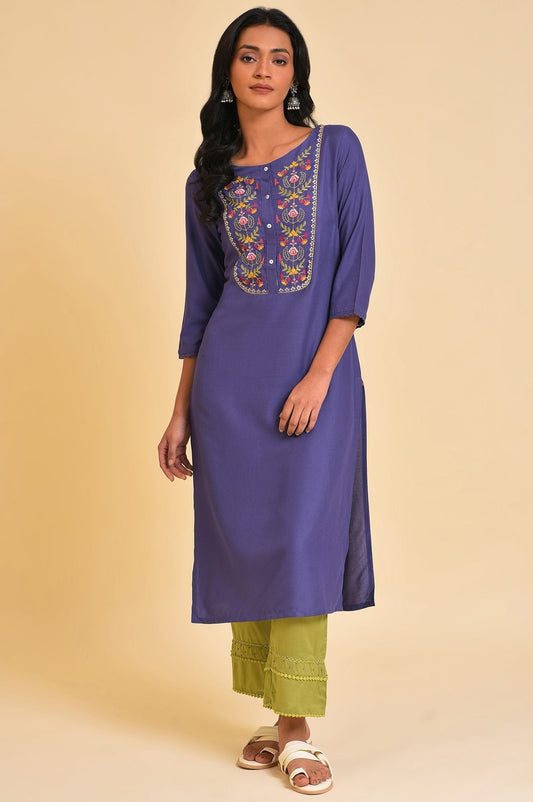 W for Woman Purple Straight Kurta with Embroidered Yoke