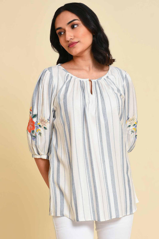 W for Woman White And Blue Embroidered Top