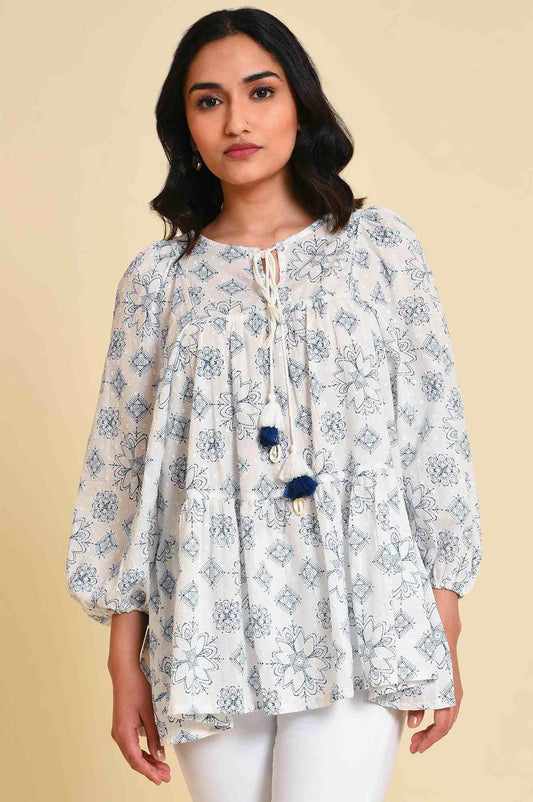 W for Woman White Geometric Print Gathered Top Grab2Buy WforWoman Grab2Buy