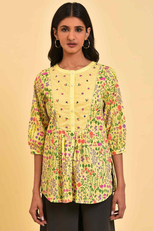 W for Woman Yellow Floral Printed Top With Thread Embroidery Grab2Buy WforWoman Grab2Buy