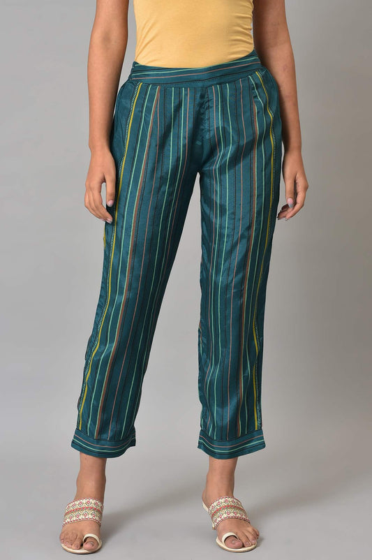 W for Woman Teal Multi-Coloured Stripe Print Pants