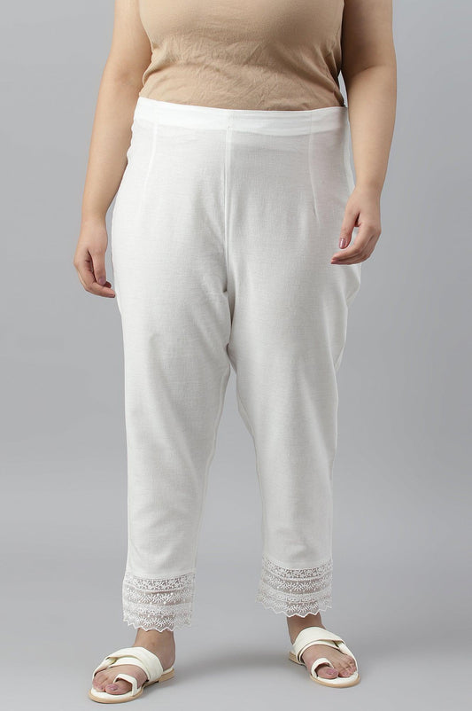 W for Woman Ecru Slim Pants With Lace Hemline