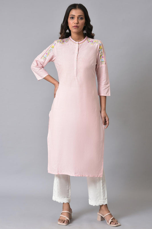 W for Woman Light Pink Embroidered Pure Cotton Kurta and Lace Pants Set for Women