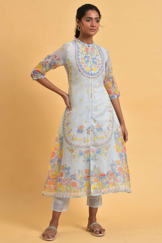 W for Woman Light Blue Printed Kota kurta Set