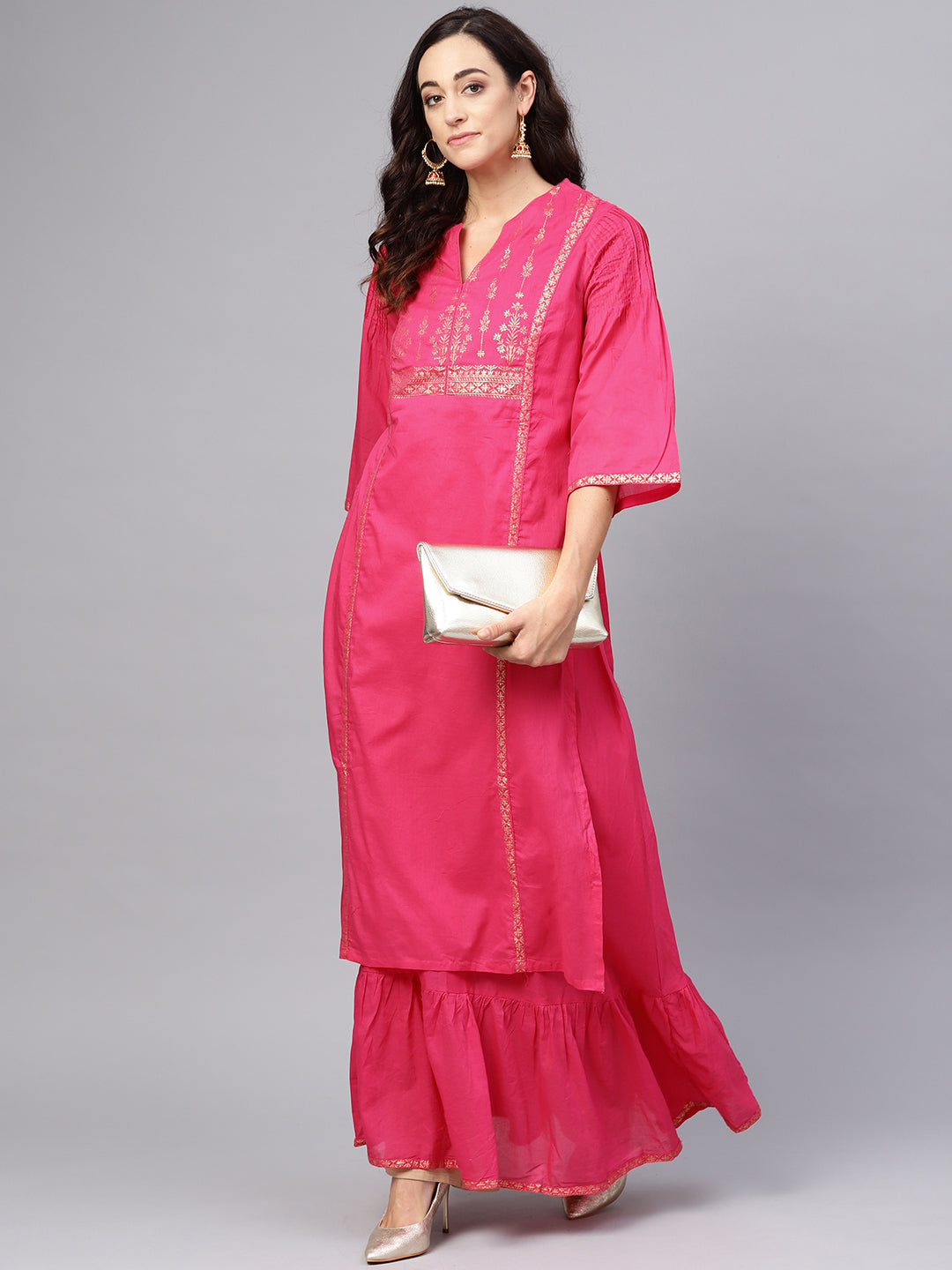 Biba Women Pink & Golden Printed Layered A-Line Kurta - Grab2buy