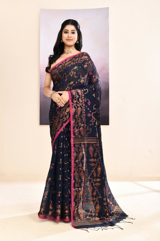 Piyari Fashion Women's Navy Blue Embellished Cotton Blend Jamdani Saree