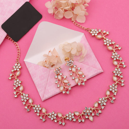 Tehzeeb Creations Rose Gold Pleated White Diamond With White Beads Necklace Set | Grab2Buy