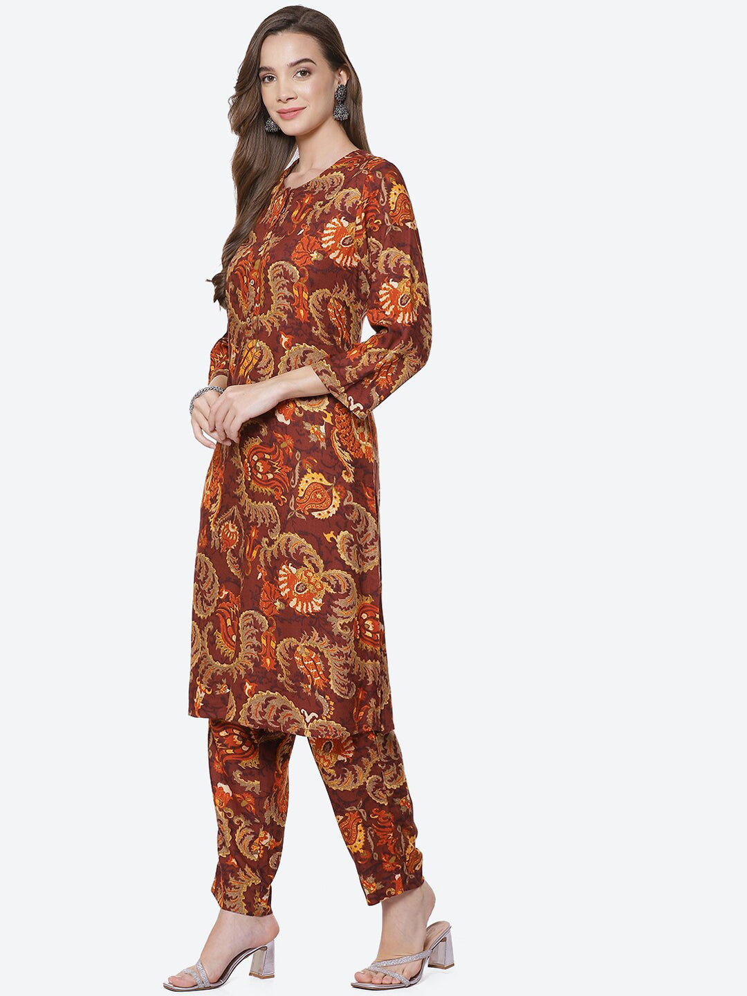 Biba Women Brown Ethnic Motifs Printed Kurta with Trousers - Grab2buy